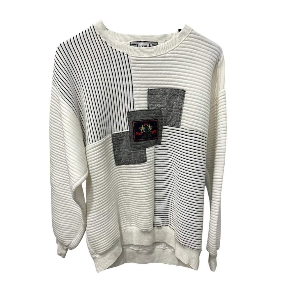 Vintage Riccardo Patchwork Ribbed Crewneck Sweater White Gray Color Block Sz Lar